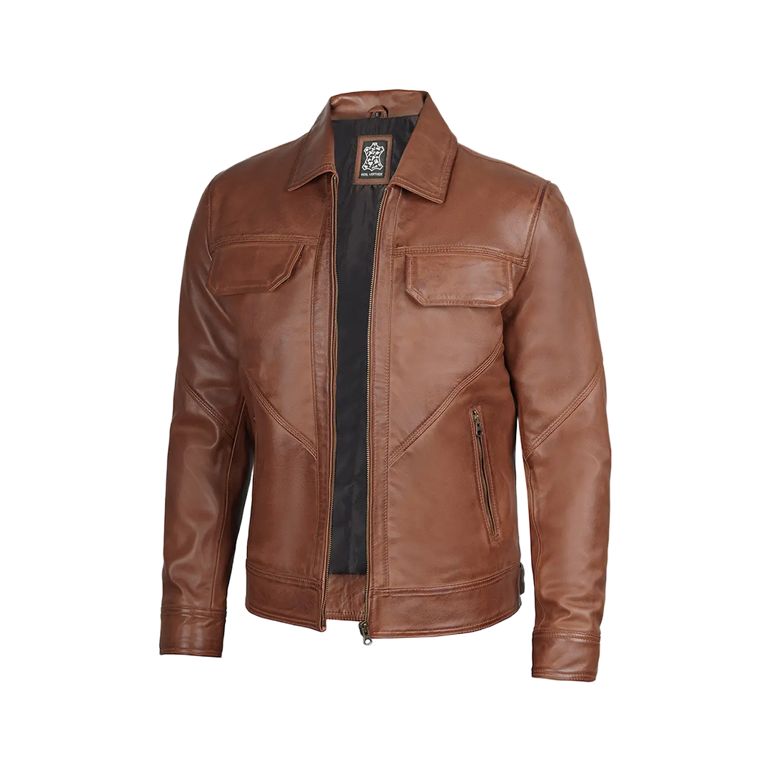 Men Cognac Brown Shirt Collar Harrington Leather Jacket