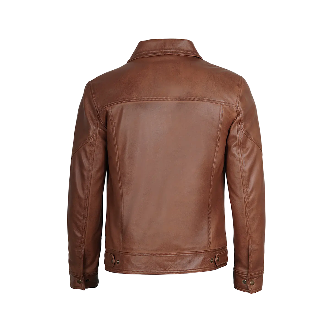 Men Cognac Brown Shirt Collar Harrington Leather Jacket
