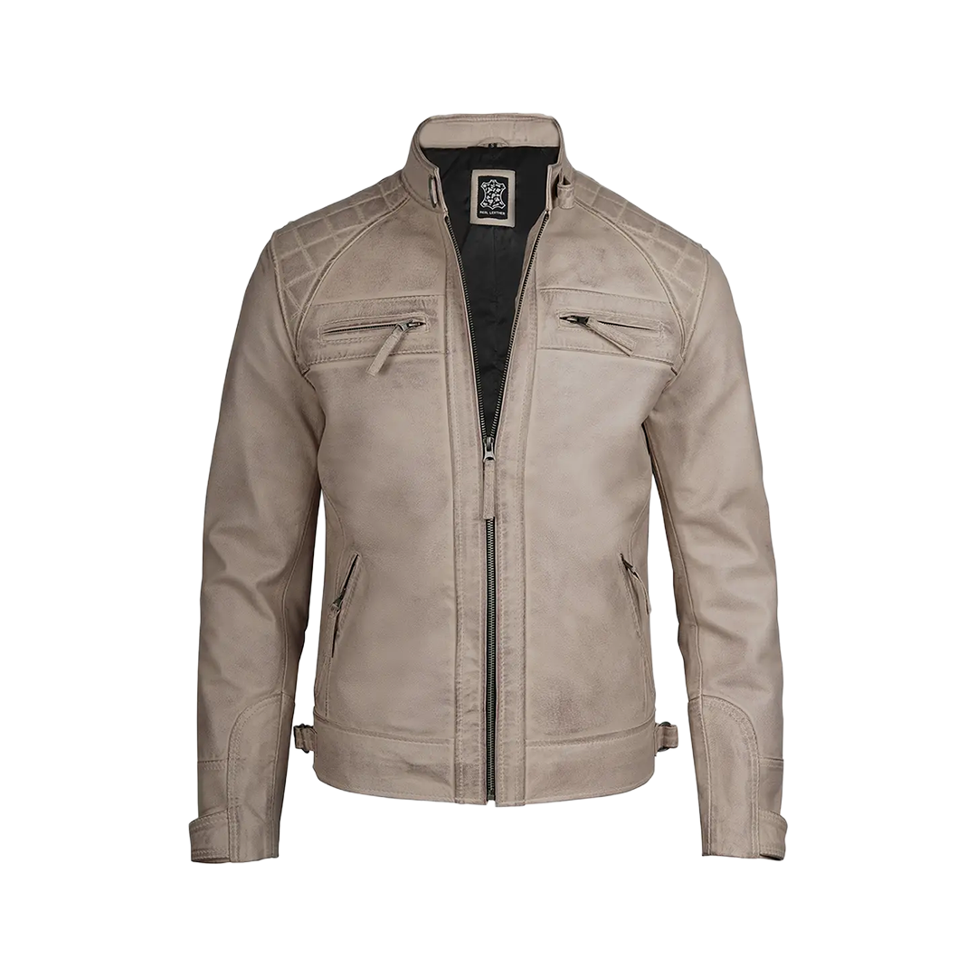 Men Diamond Beige Cafe Racer Leather Jacket