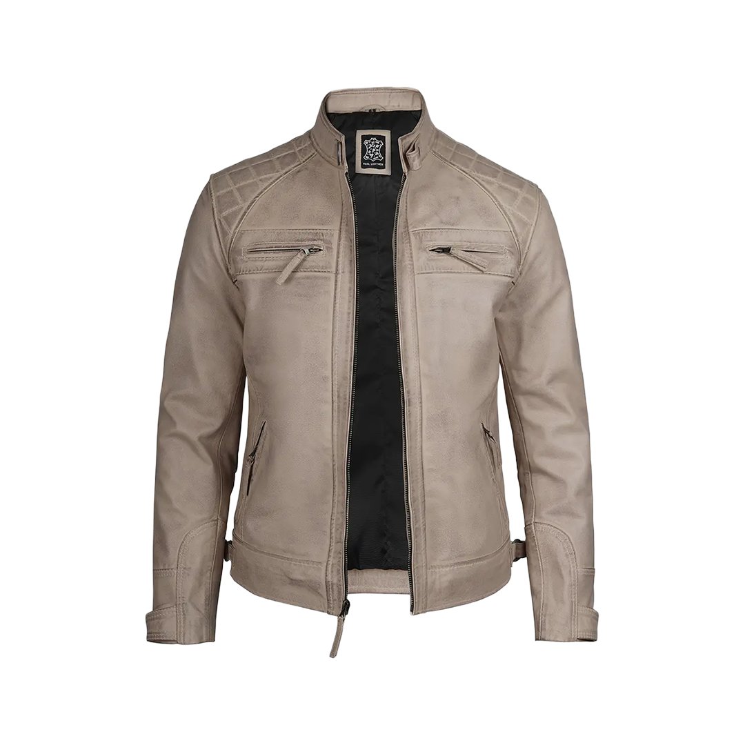 Men Diamond Beige Cafe Racer Leather Jacket