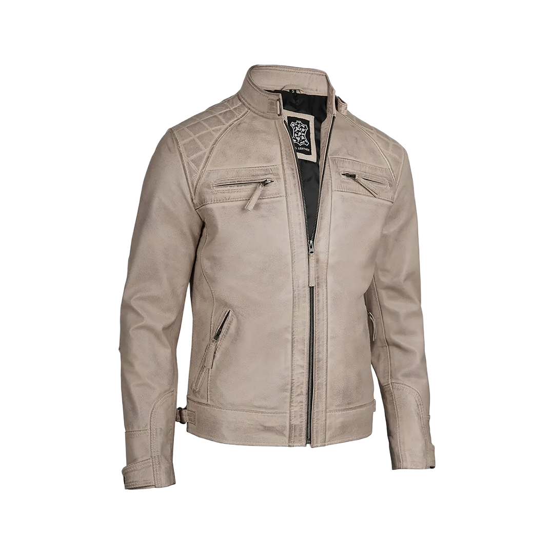 Men Diamond Beige Cafe Racer Leather Jacket