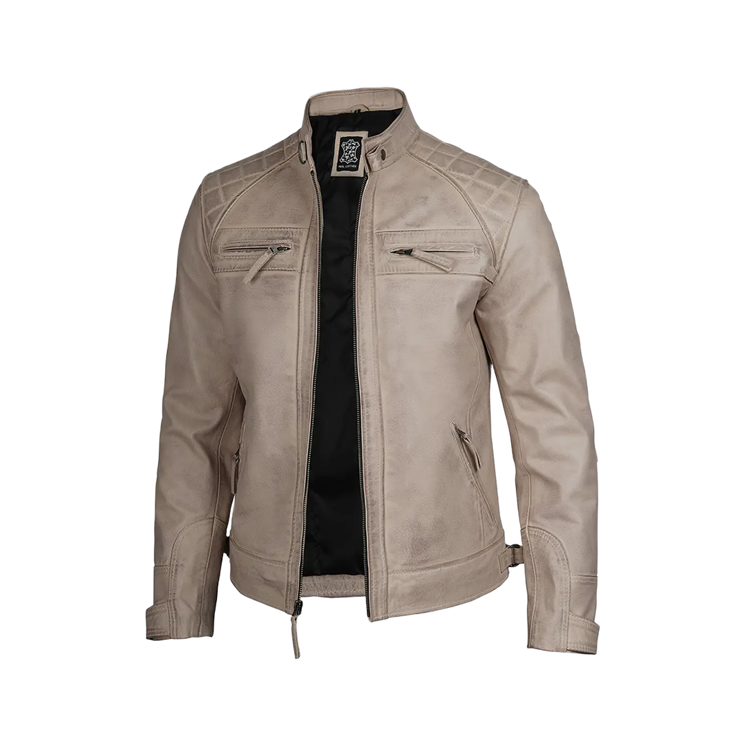 Men Diamond Beige Cafe Racer Leather Jacket