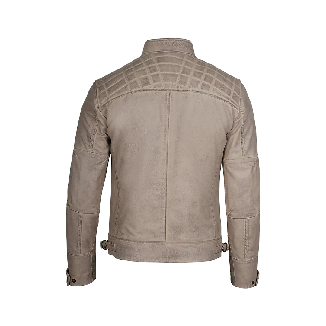 Men Diamond Beige Cafe Racer Leather Jacket