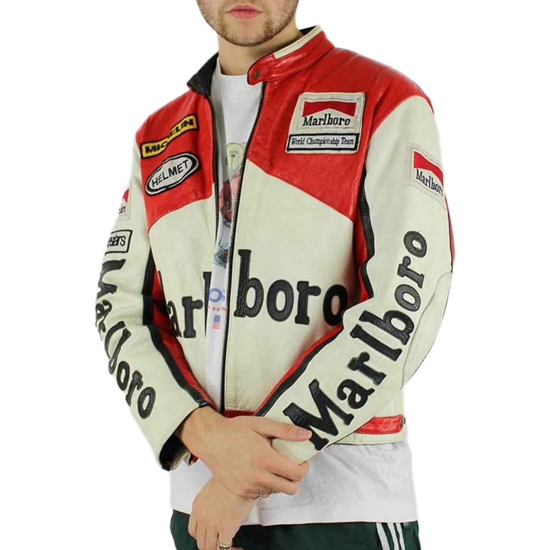 Men Marlboro Leather Jacket Vintage Racing Rare Motorcycle Biker Leather Jacket