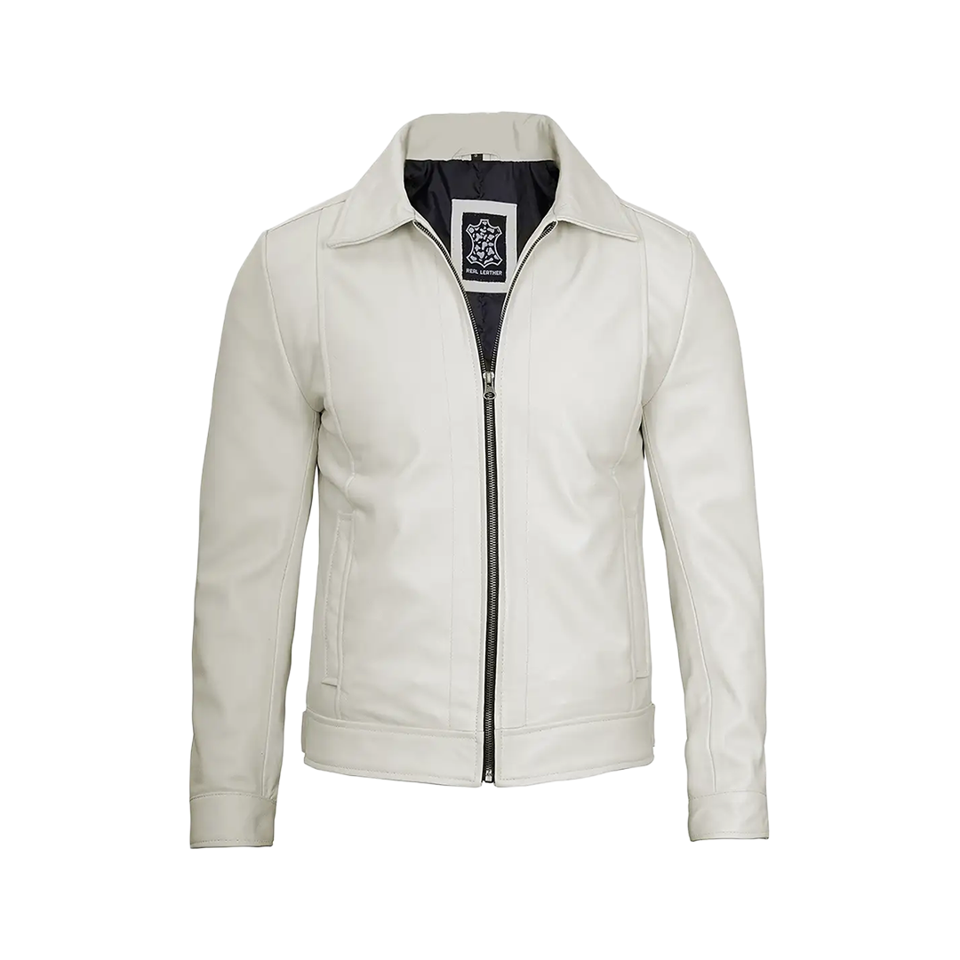 Men Off White Real Leather Harrington Jacket