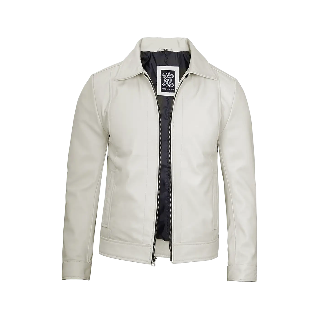 Men Off White Real Leather Harrington Jacket