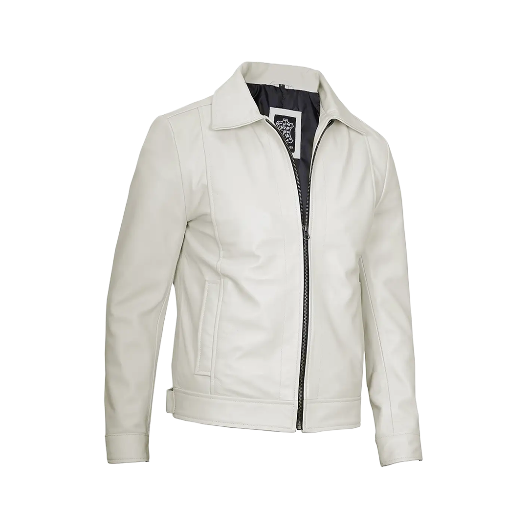 Men Off White Real Leather Harrington Jacket