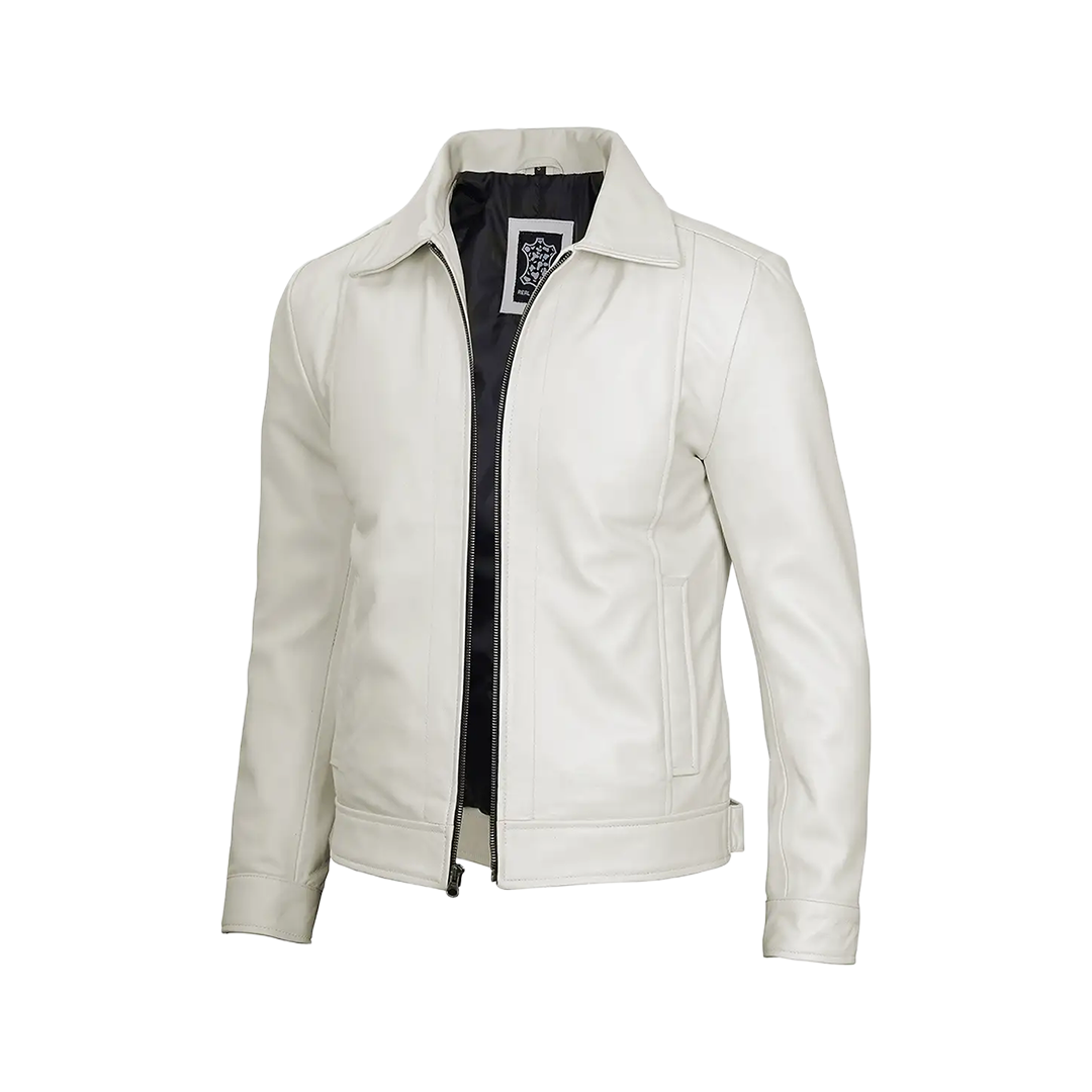 Men Off White Real Leather Harrington Jacket