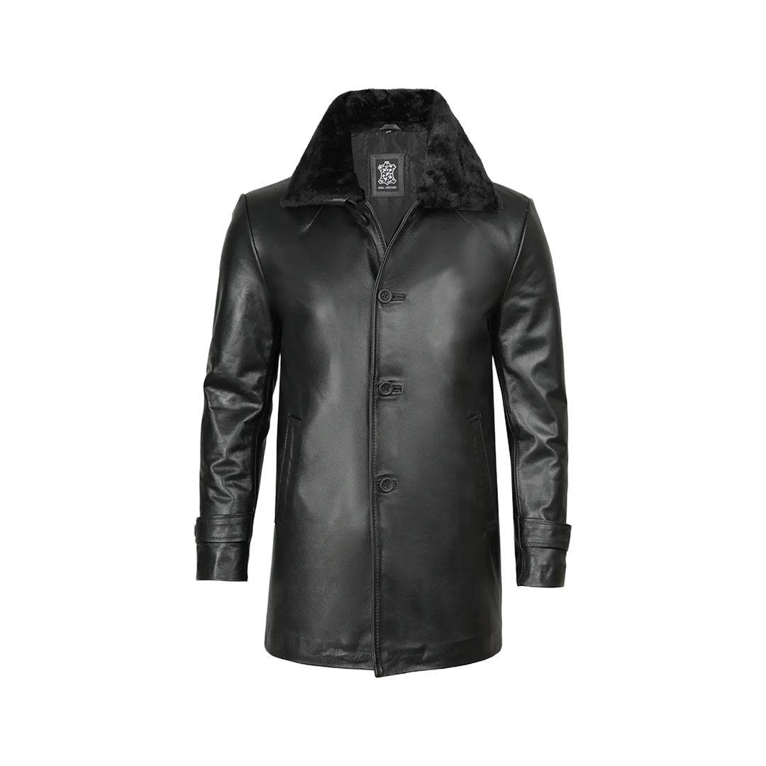 Men's 3/4 Black Real Leather Coat With Fur Collar - Winter Coat