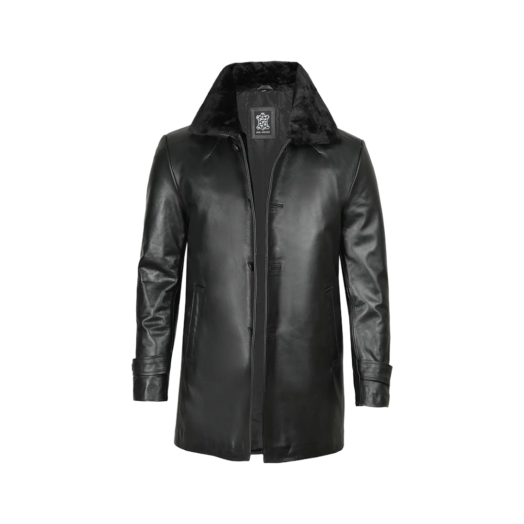 Men's 3/4 Black Real Leather Coat With Fur Collar - Winter Coat