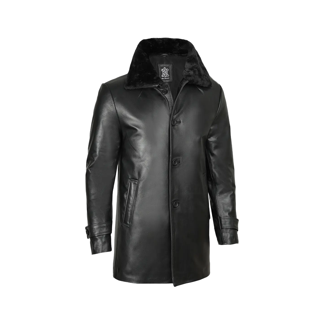Men's 3/4 Black Real Leather Coat With Fur Collar - Winter Coat