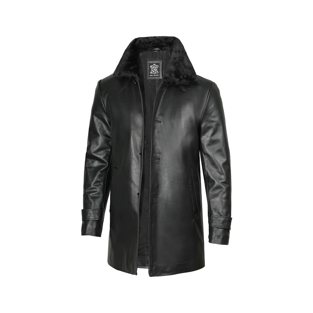 Men's 3/4 Black Real Leather Coat With Fur Collar - Winter Coat