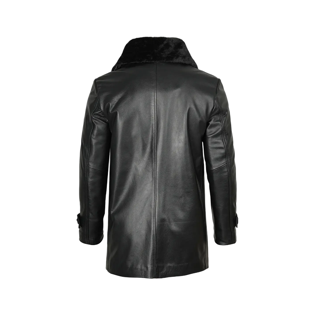 Men's 3/4 Black Real Leather Coat With Fur Collar - Winter Coat