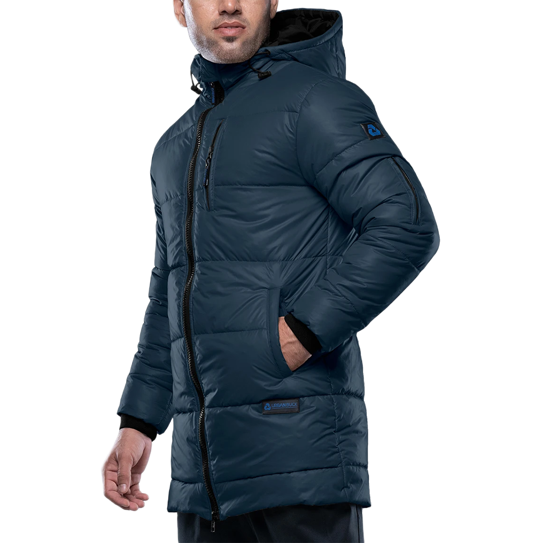 Men's 3/4 Length Blue Hooded Parka Jacket - Puffer Style