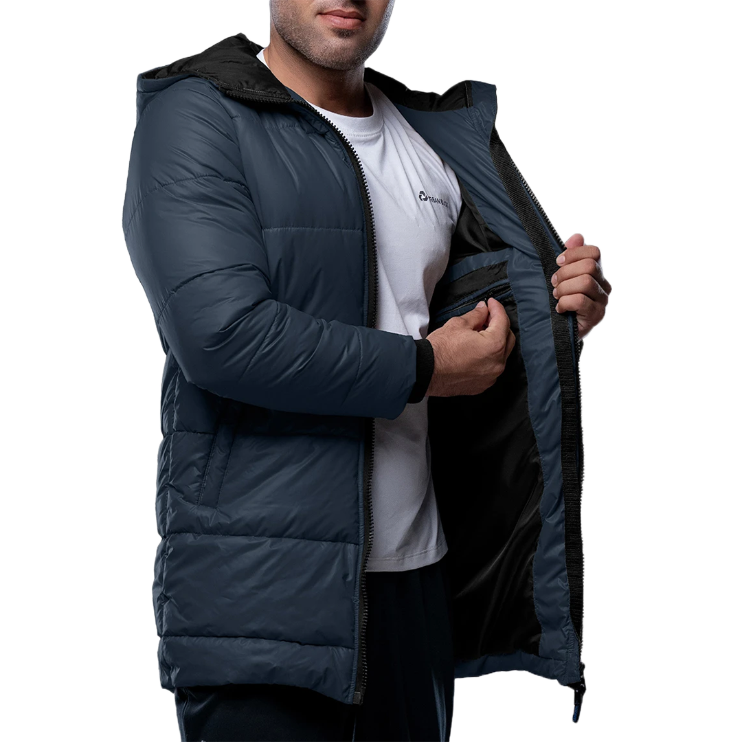 Men's 3/4 Length Blue Hooded Parka Jacket - Puffer Style