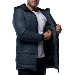 Men's 3/4 Length Blue Hooded Parka Jacket - Puffer Style