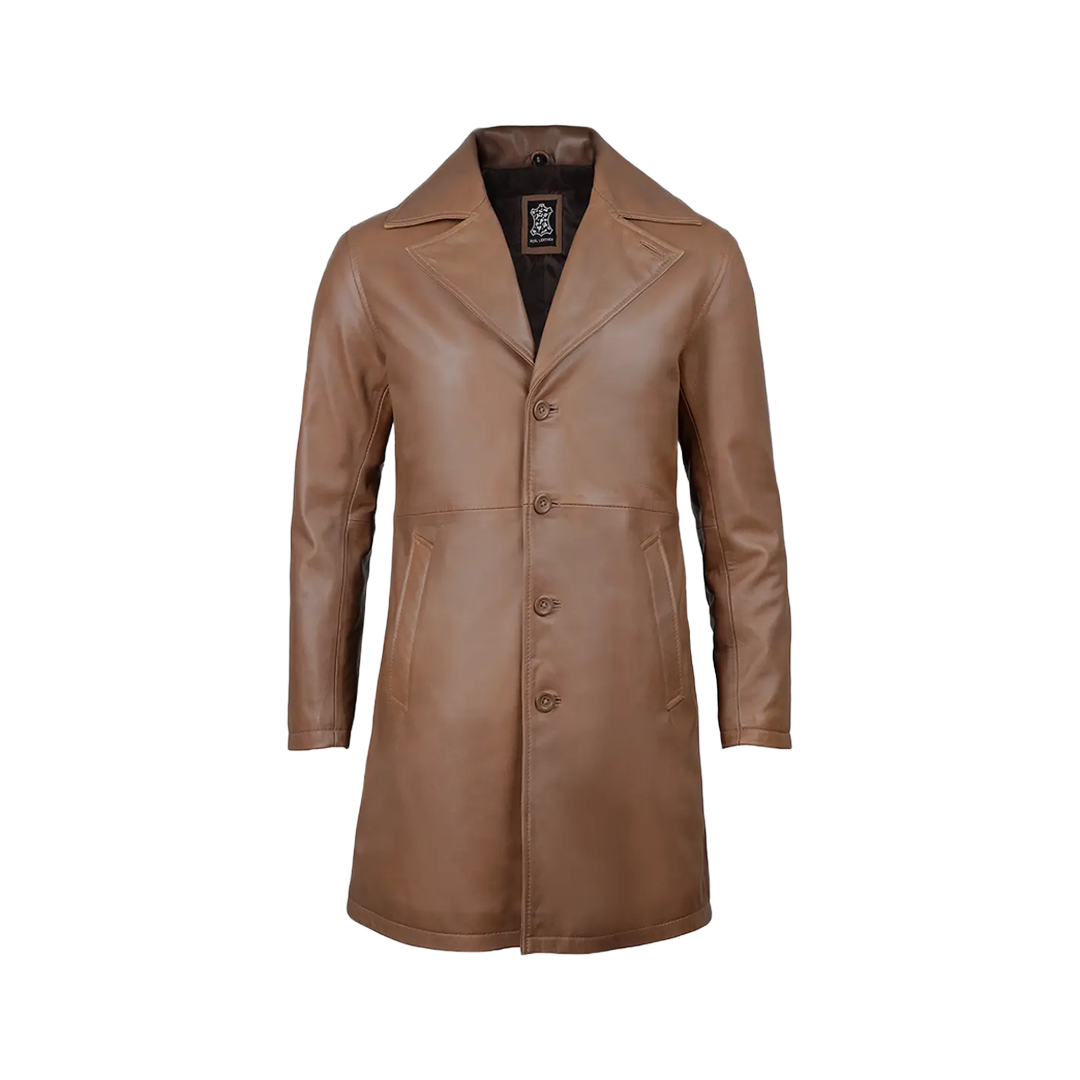 Men's 3 4 Length Brown Leather Car Coat
