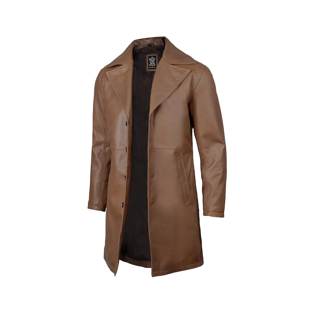 Men's 3 4 Length Brown Leather Car Coat
