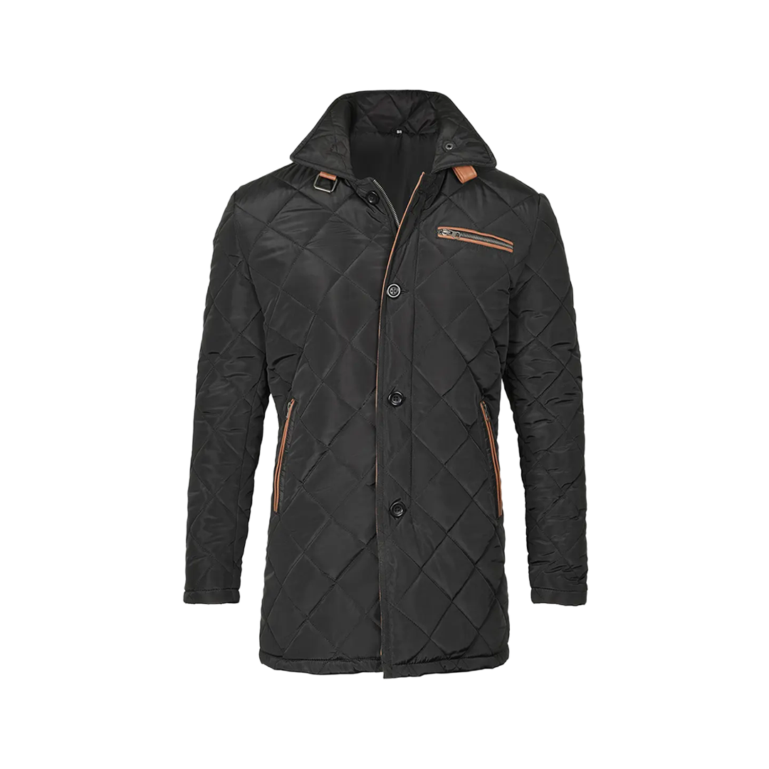 Men's Black 3/4 Length Quilted Coat