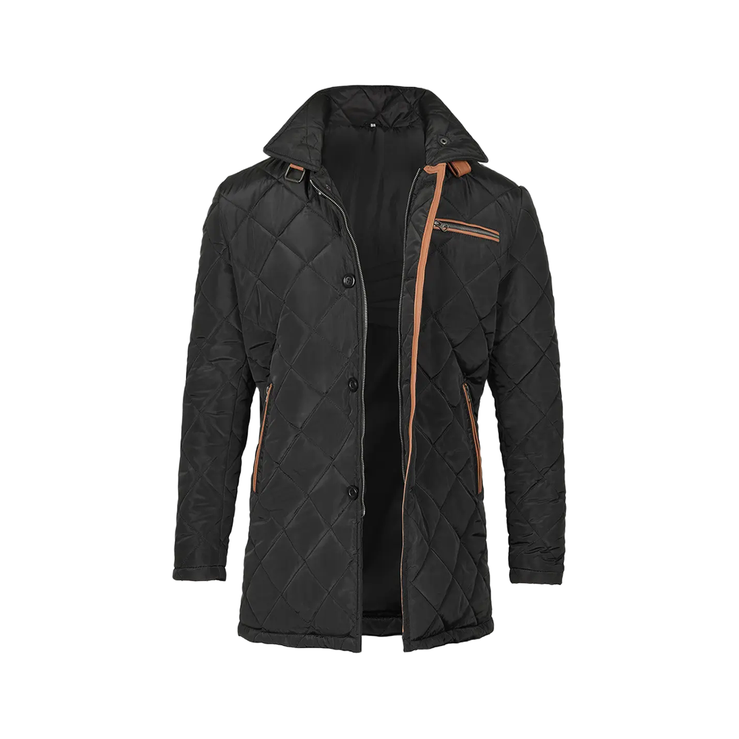 Men's Black 3/4 Length Quilted Coat