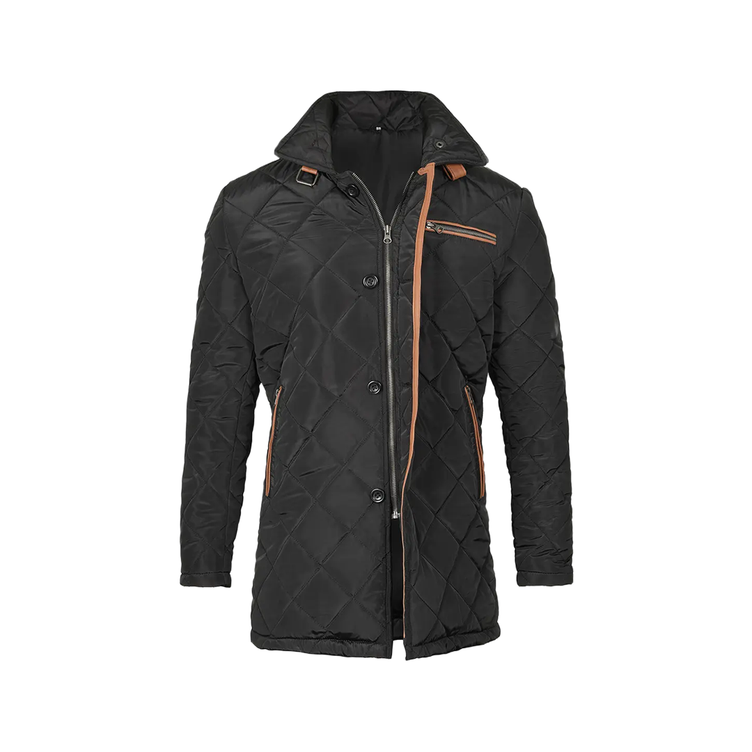 Men's Black 3/4 Length Quilted Coat