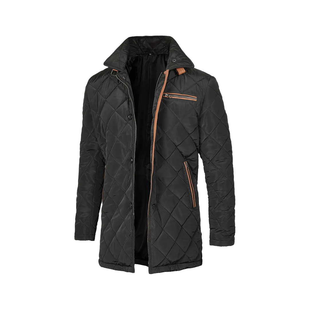 Men's Black 3/4 Length Quilted Coat