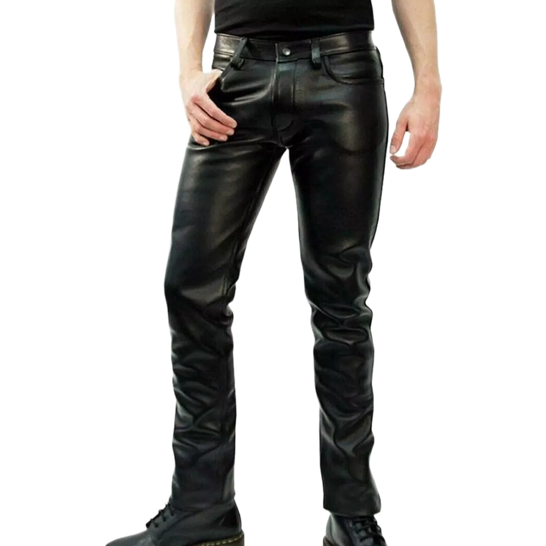 Men's 5 POCKETS Biker Jeans Real Black Casual Lambskin Leather Levi's Style Pants