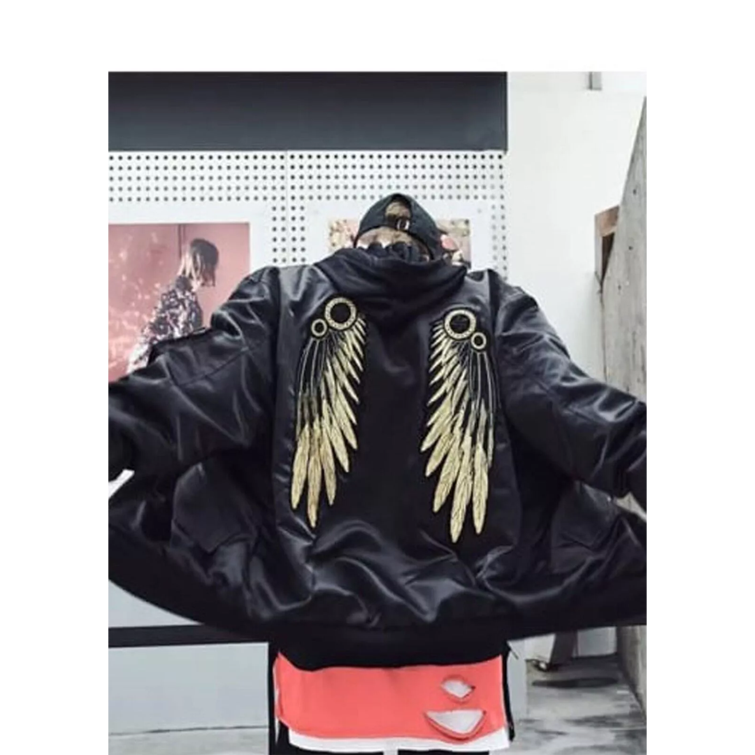 Men's Angel Wings Jacket Hip Hop Gold Thread Embroidery Wings