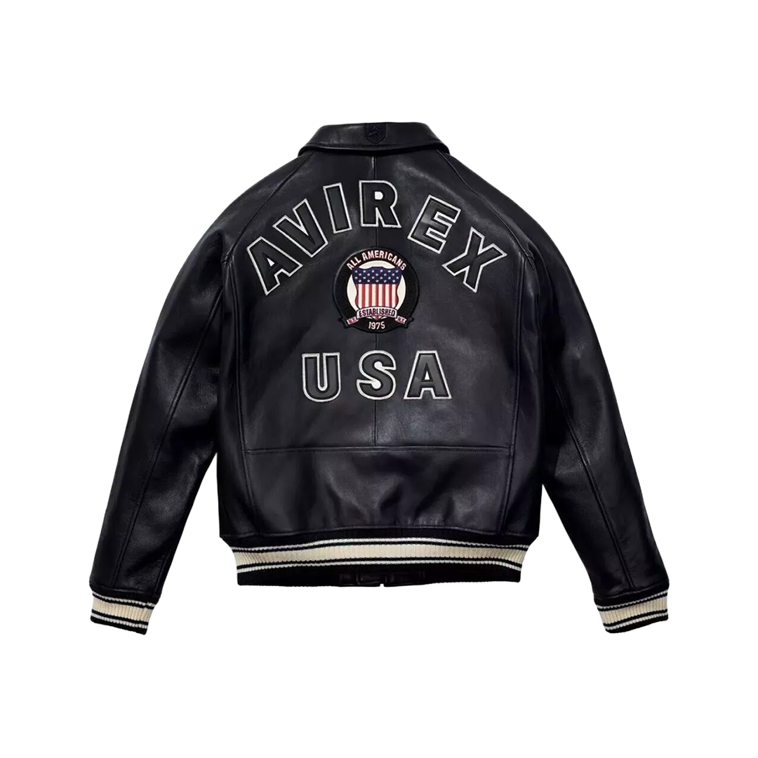 Men's Avirex Black Real Bomber American Flight Jacket 100% Real Leather Jacket
