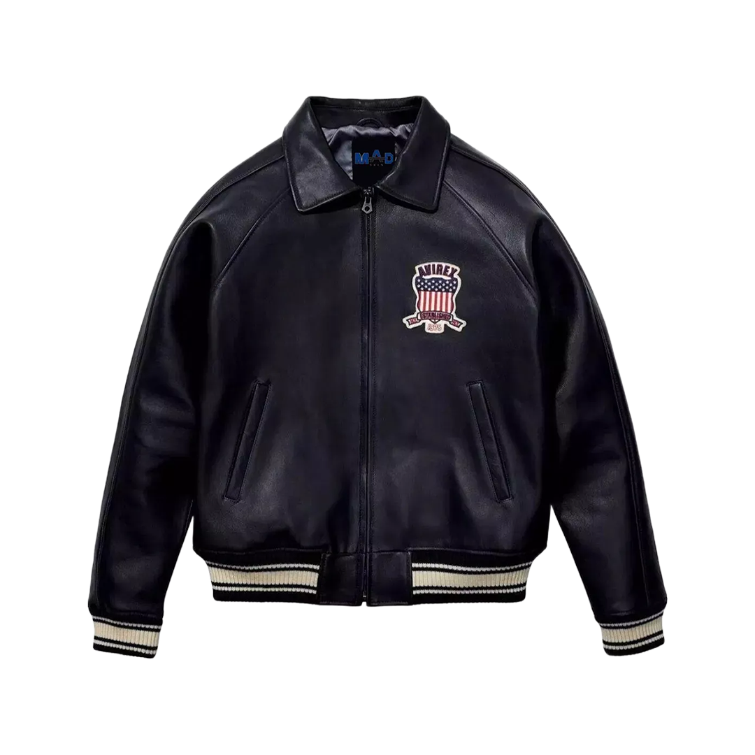 Men's Avirex Black Real Bomber American Flight Jacket 100% Real Leather Jacket