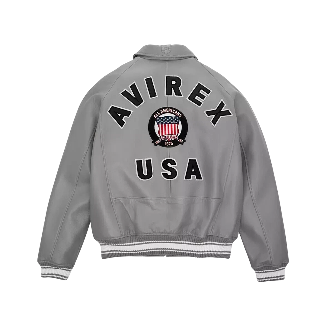 Men's Avirex Gray Real Bomber American Flight Jacket 100% Real Leather Jacket