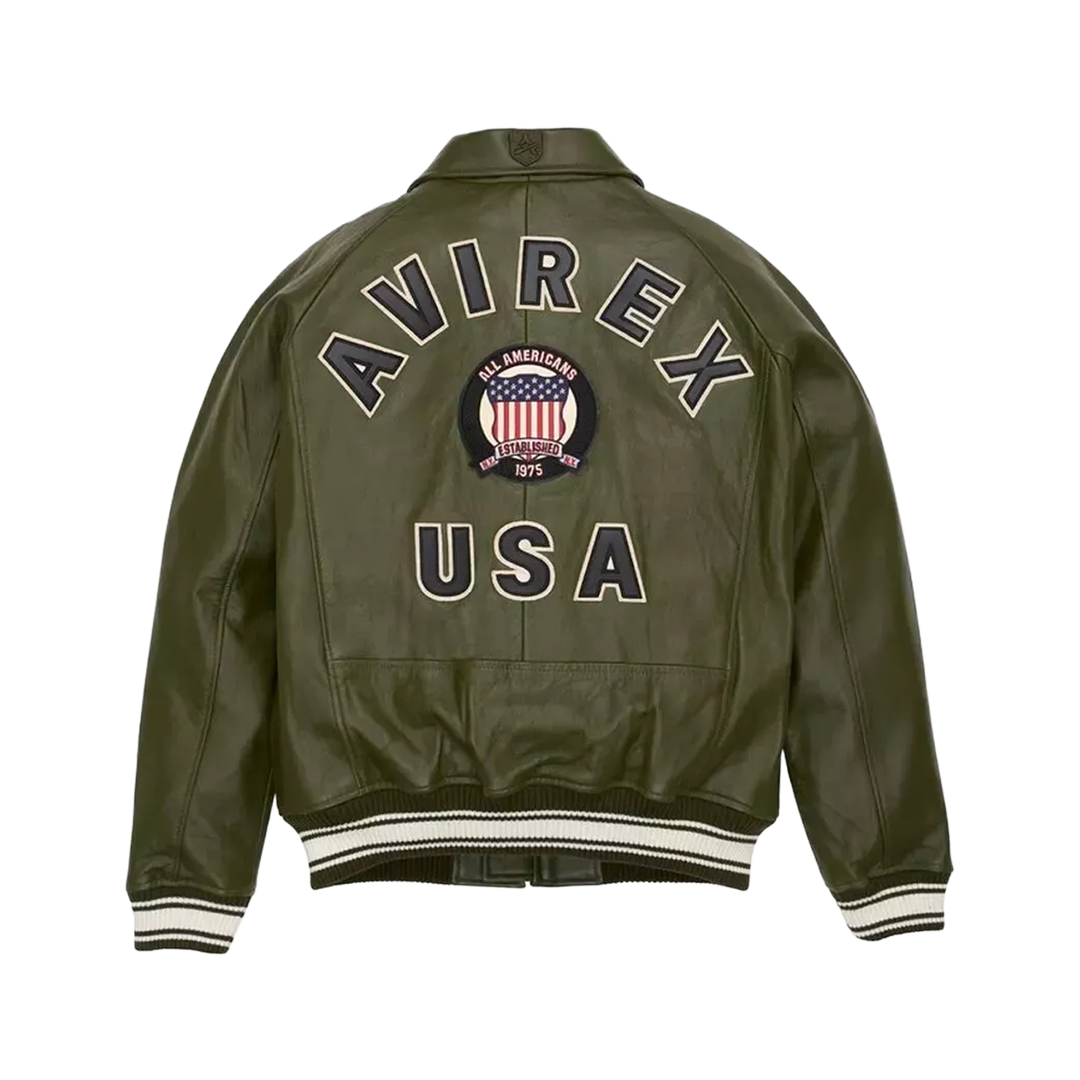 Men's Avirex Olive Green Bomber American Flight Leather Jacket