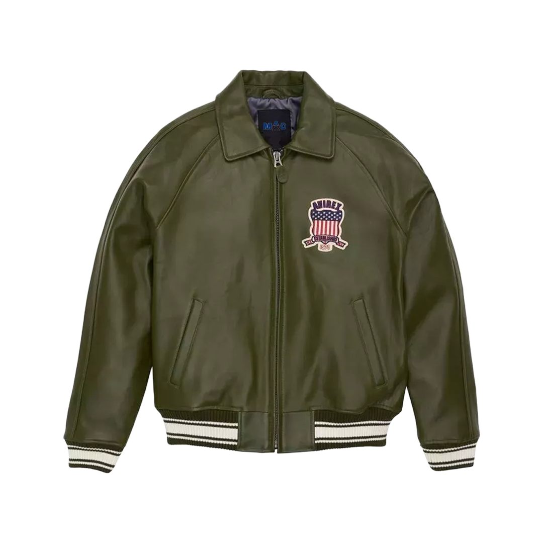 Men's Avirex Olive Green Bomber American Flight Leather Jacket