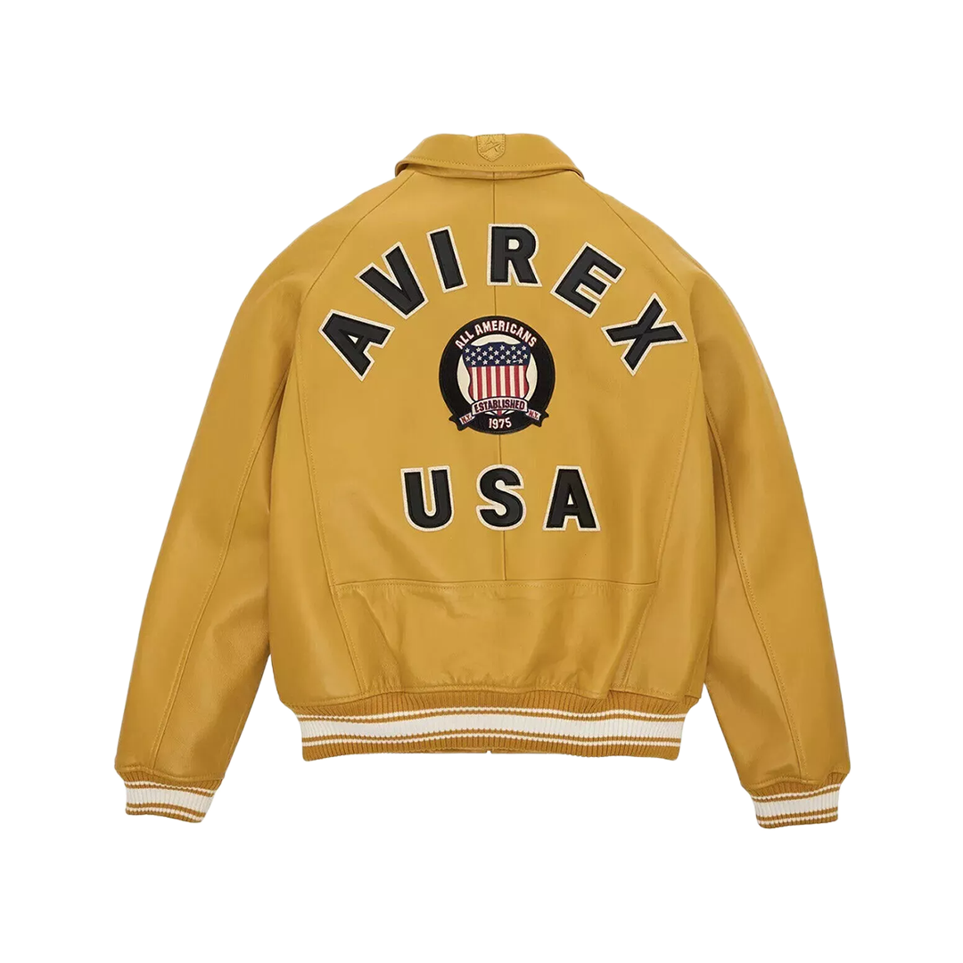 Men's Avirex Yellow Real Bomber American Flight Jacket 100% Real Leather Jacket