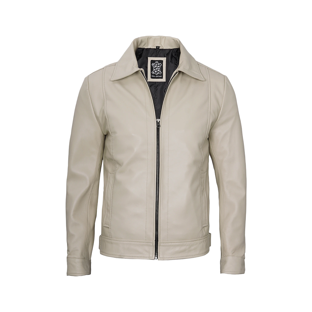 Men's Beige Real Leather Harrington Jacket