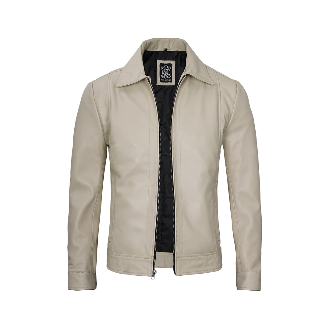 Men's Beige Real Leather Harrington Jacket