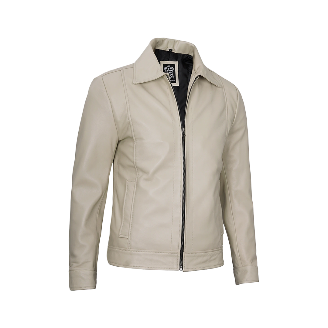 Men's Beige Real Leather Harrington Jacket