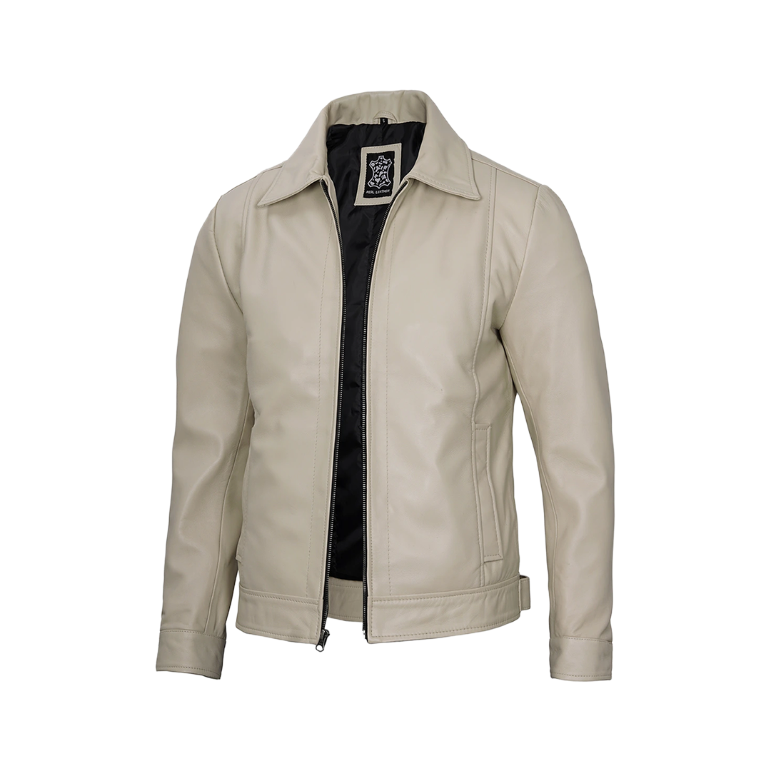 Men's Beige Real Leather Harrington Jacket