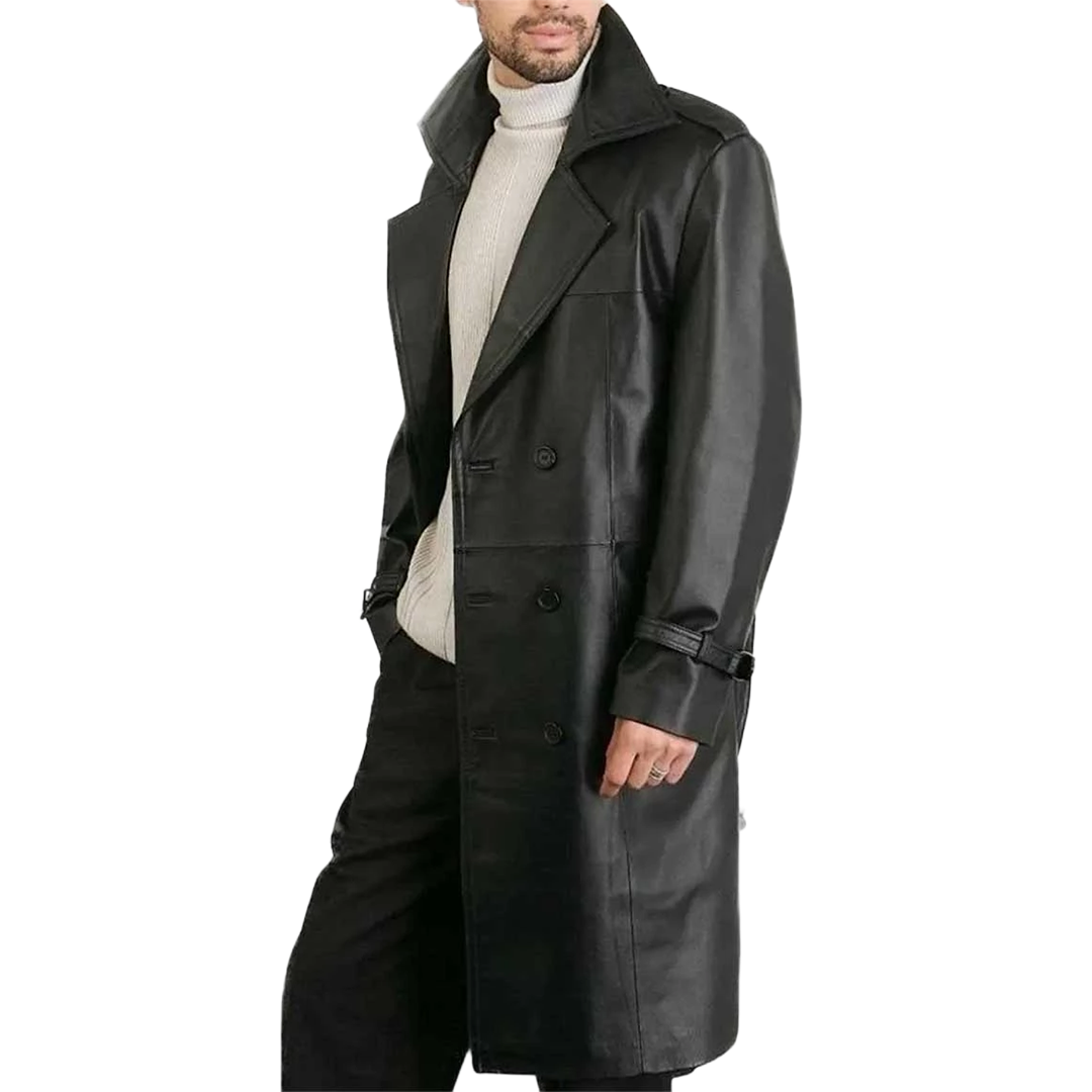 Men's Belted Double Breasted Black Leather Trench Coat