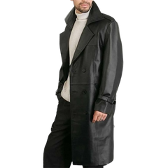 Men's Belted Double Breasted Black Leather Trench Coat