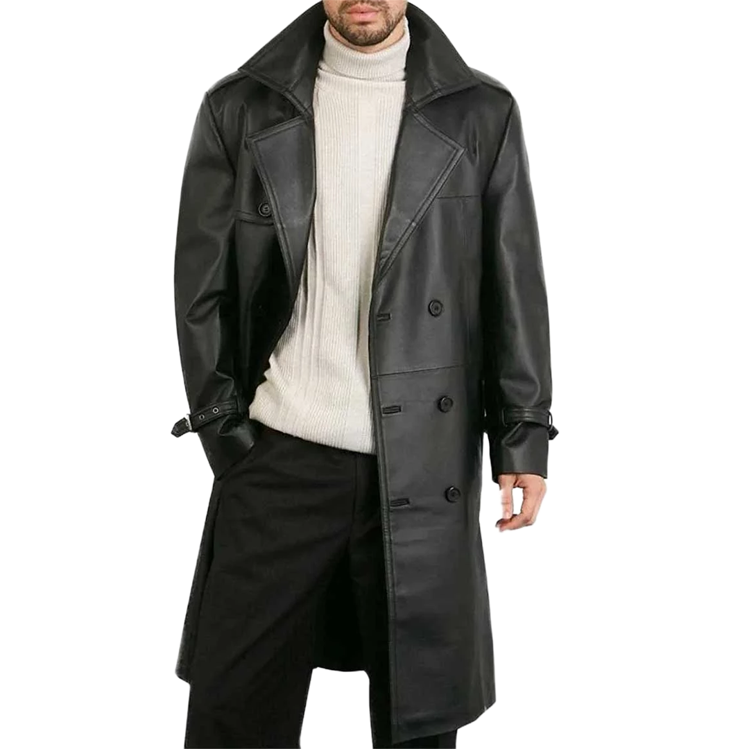 Men's Belted Double Breasted Black Leather Trench Coat