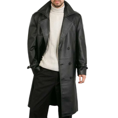 Men's Belted Double Breasted Black Leather Trench Coat