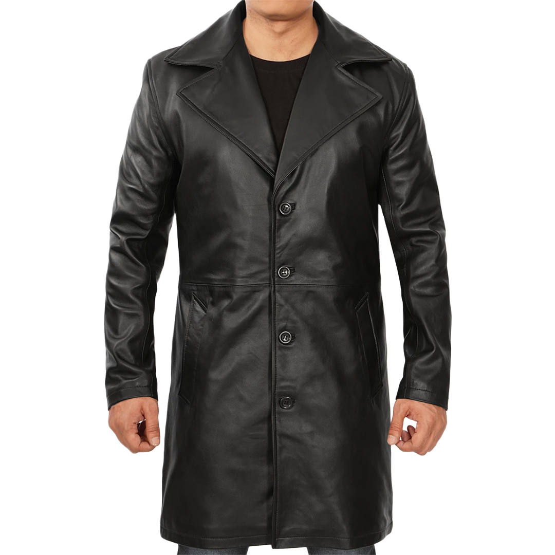 Men's Black 3/4 Length Real Leather Car Coat