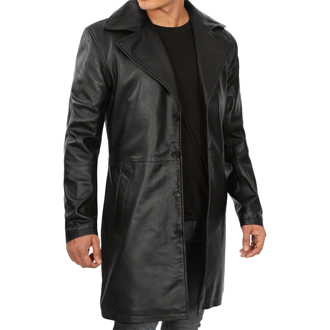 Men's Black 3/4 Length Real Leather Car Coat
