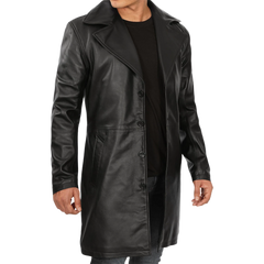 Men's Black 3/4 Length Real Leather Car Coat