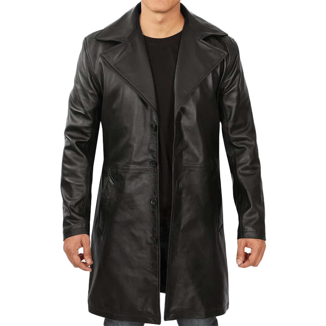 Men's Black 3/4 Length Real Leather Car Coat