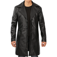 Men's Black 3/4 Length Real Leather Car Coat