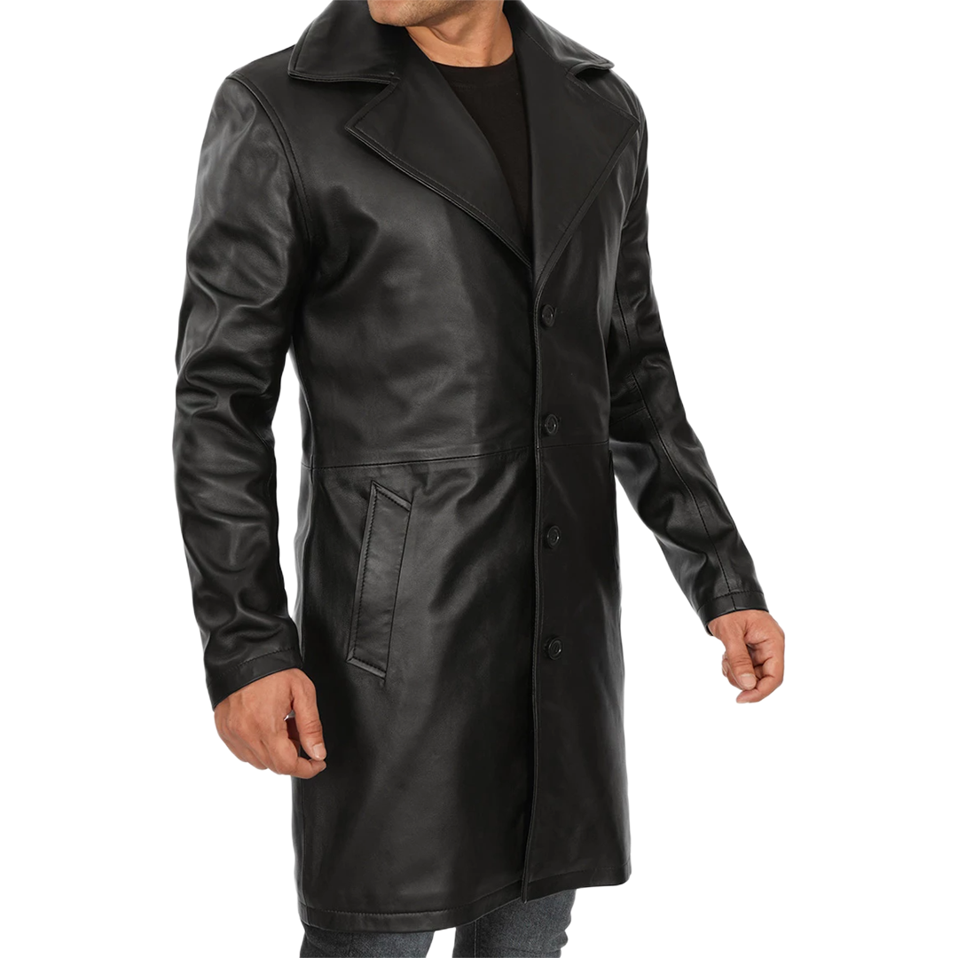 Men's Black 3/4 Length Real Leather Car Coat