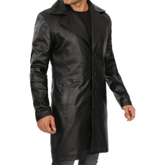 Men's Black 3/4 Length Real Leather Car Coat