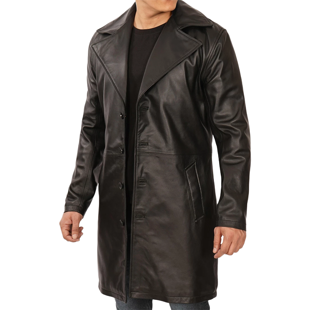 Men's Black 3/4 Length Real Leather Car Coat
